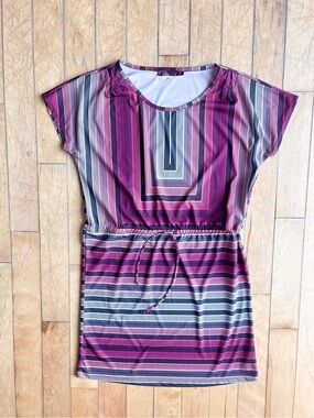 Prana Geometric Stripe Boho Oversized Stretch Waist Tie Tunic Dress Size Small